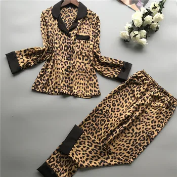 QWEEK Homewear Moterų Pižama Leopard Satino Pijama Mujer Atsitiktinis Elegantiškas Pyjama Femme Šilko