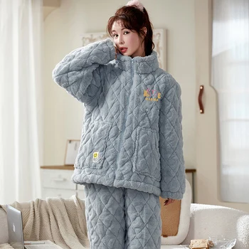 Trijų sluoksnių storio koralų aksomo dygsniuotas pižama moterų flanelė dygsniuotas sleepwear ilgomis rankovėmis, šiltas pijamas mujer