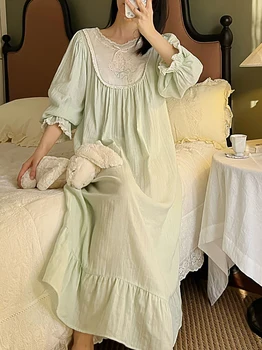 Moteris Pasakos, Retro Princesė Nightdress Dvigubo Sluoksnio Grynos Medvilnės Raukiniai Derliaus Pižama Pavasarį, Rudenį Viktorijos Sleepwear